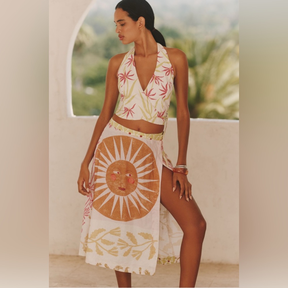 Anthropologie WOOL+NATURE x Celandine Linen Blend Buckle Wrap Top & Skirt Set